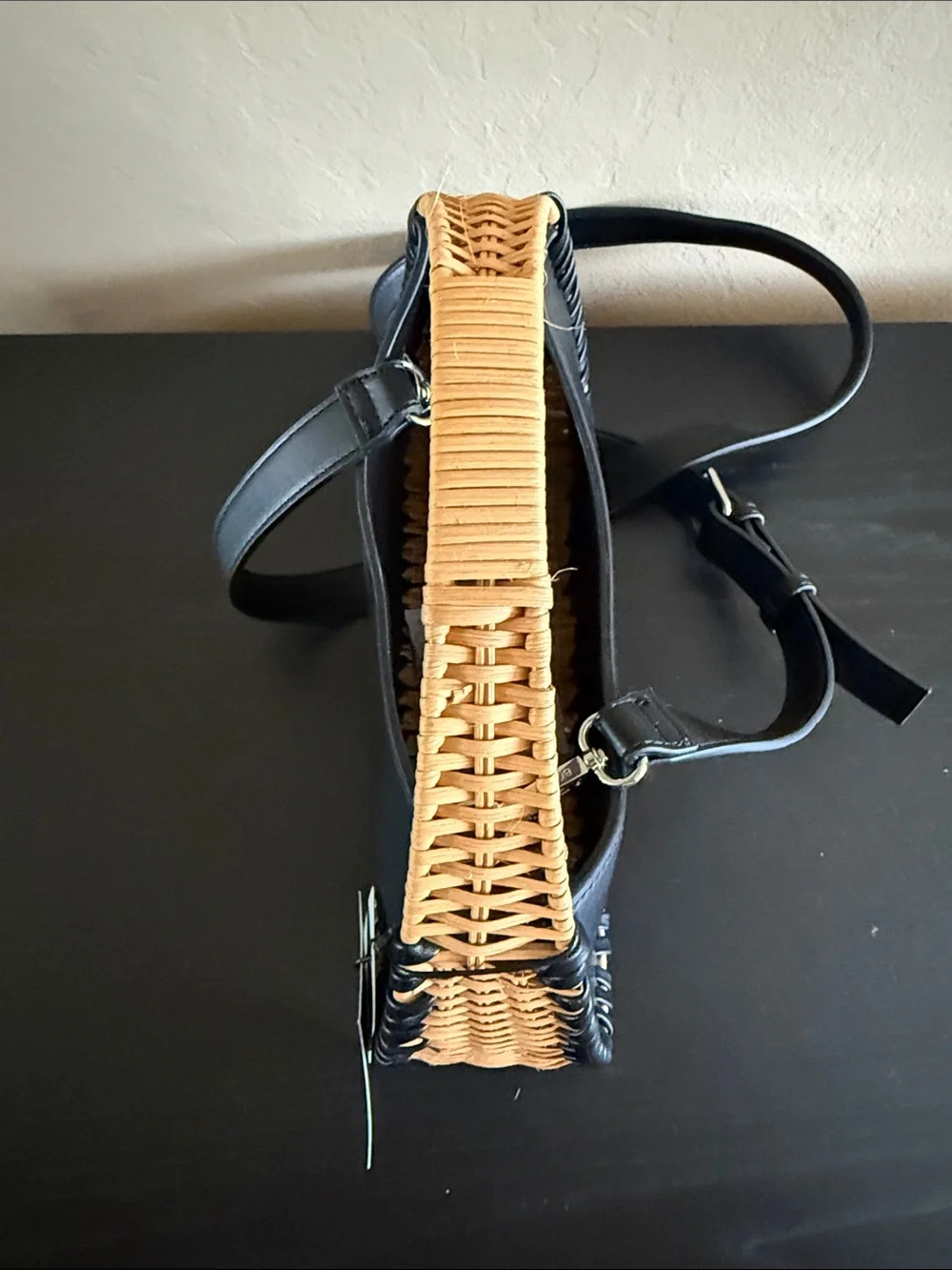 BCBG Black Wicker Whipstitch Handbag Faux Leather Rattan Crossbody Bag NWT